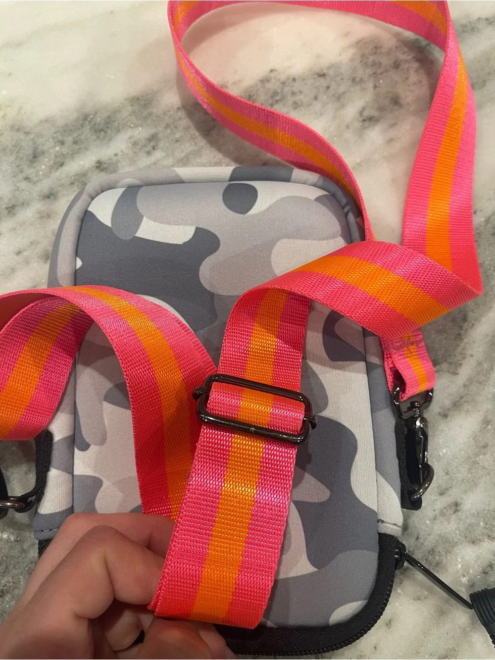 Haute Shore Gray Camo Crossbody Pouch with Pink Accent